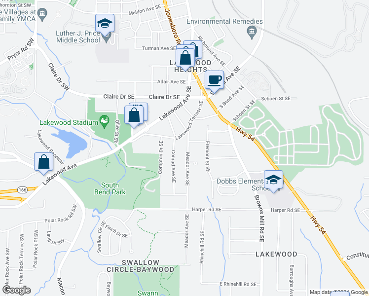 map of restaurants, bars, coffee shops, grocery stores, and more near 1210 Zebrawood Court Southeast in Atlanta