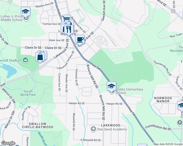 map of restaurants, bars, coffee shops, grocery stores, and more near 1901 Browns Mill Road Southeast in Atlanta