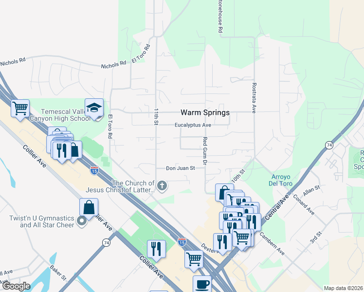 map of restaurants, bars, coffee shops, grocery stores, and more near 18306 Oleander Avenue in Lake Elsinore