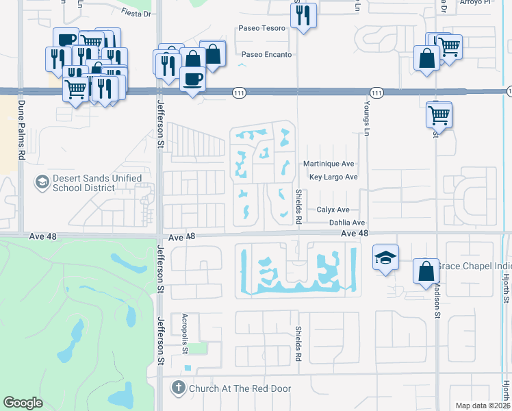 map of restaurants, bars, coffee shops, grocery stores, and more near 80394 Avenue 48 in Indio
