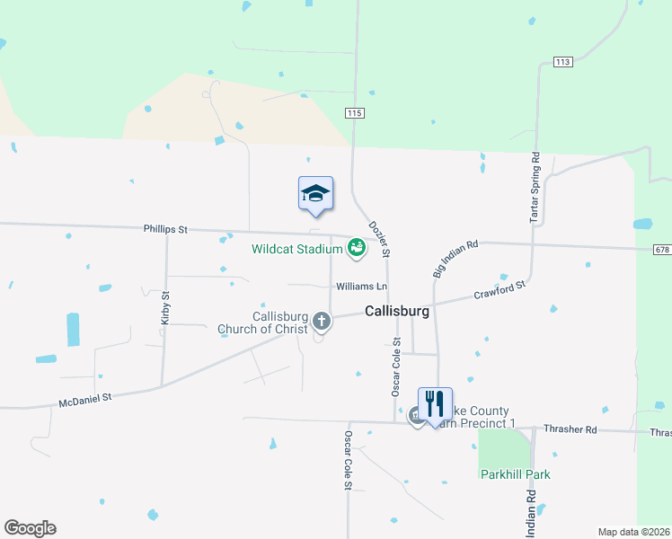 map of restaurants, bars, coffee shops, grocery stores, and more near 134 Phillips Street in Callisburg
