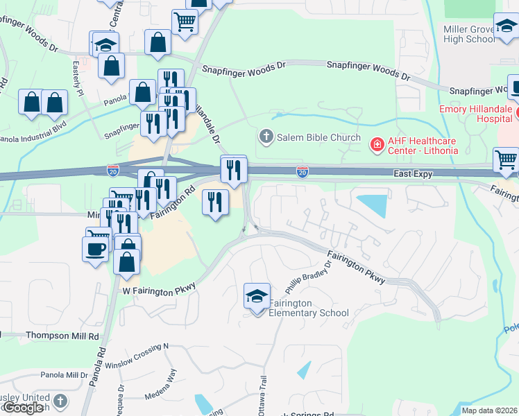 map of restaurants, bars, coffee shops, grocery stores, and more near 149 Rue Fontaine in Stonecrest
