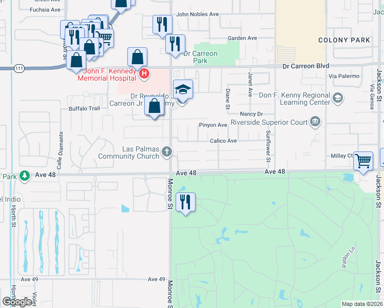 map of restaurants, bars, coffee shops, grocery stores, and more near 82091 Calico Avenue in Indio