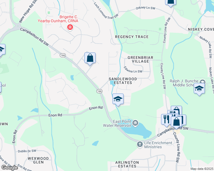 map of restaurants, bars, coffee shops, grocery stores, and more near 1999 Sandbrook Court Southwest in Atlanta