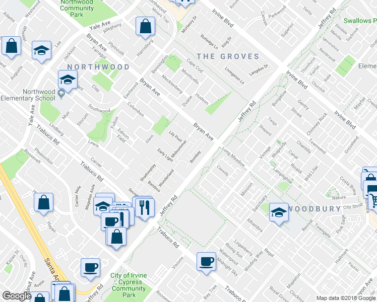map of restaurants, bars, coffee shops, grocery stores, and more near Blossom in Irvine