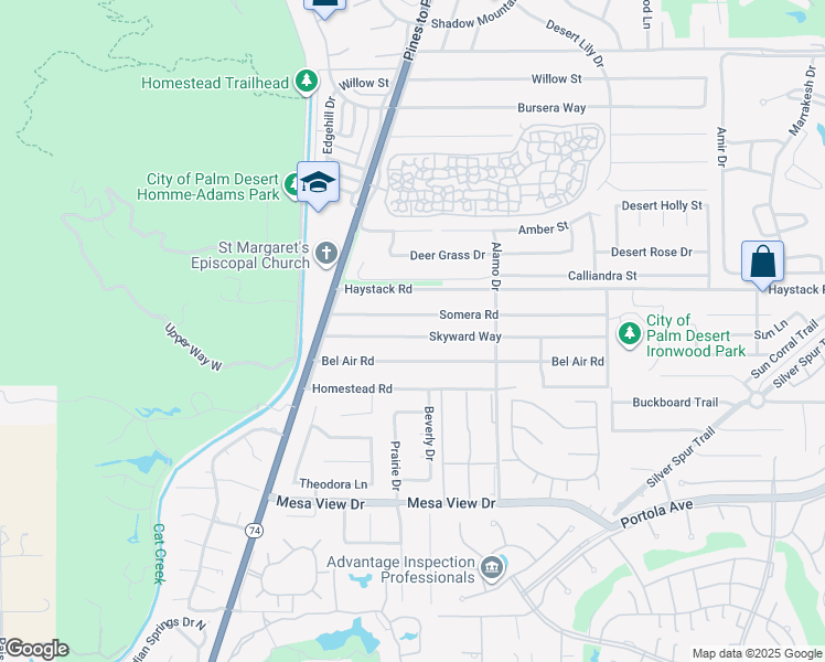 map of restaurants, bars, coffee shops, grocery stores, and more near 72850 Somera Road in Palm Desert