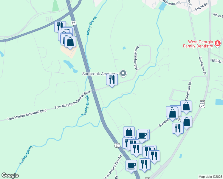 map of restaurants, bars, coffee shops, grocery stores, and more near 108 Stonebridge Boulevard in Bremen