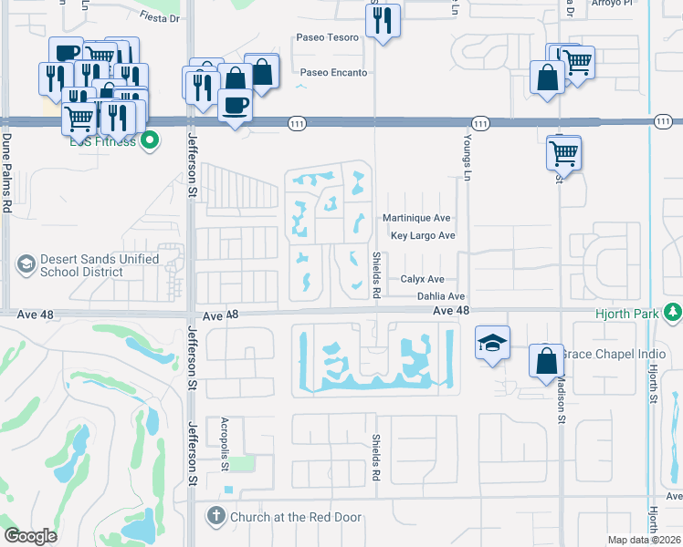 map of restaurants, bars, coffee shops, grocery stores, and more near 80394 Avenue 48 in Indio