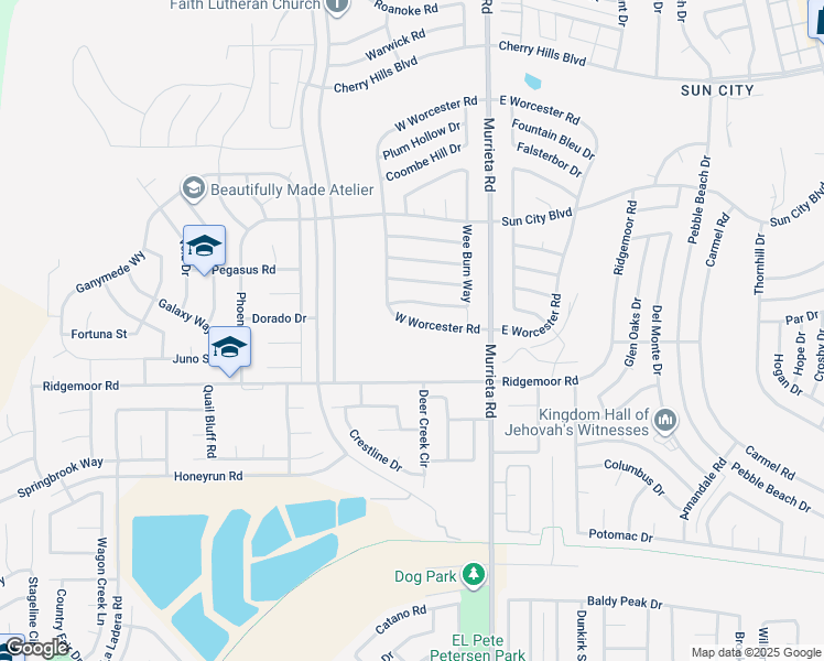 map of restaurants, bars, coffee shops, grocery stores, and more near 28881 West Worcester Road in Menifee