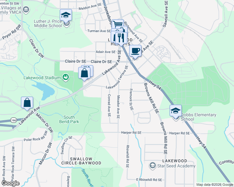map of restaurants, bars, coffee shops, grocery stores, and more near 1898 Lakewood Terrace Southeast in Atlanta