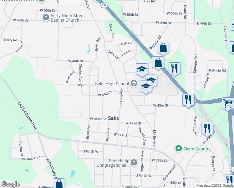 map of restaurants, bars, coffee shops, grocery stores, and more near 609 West 44th Street in Anniston