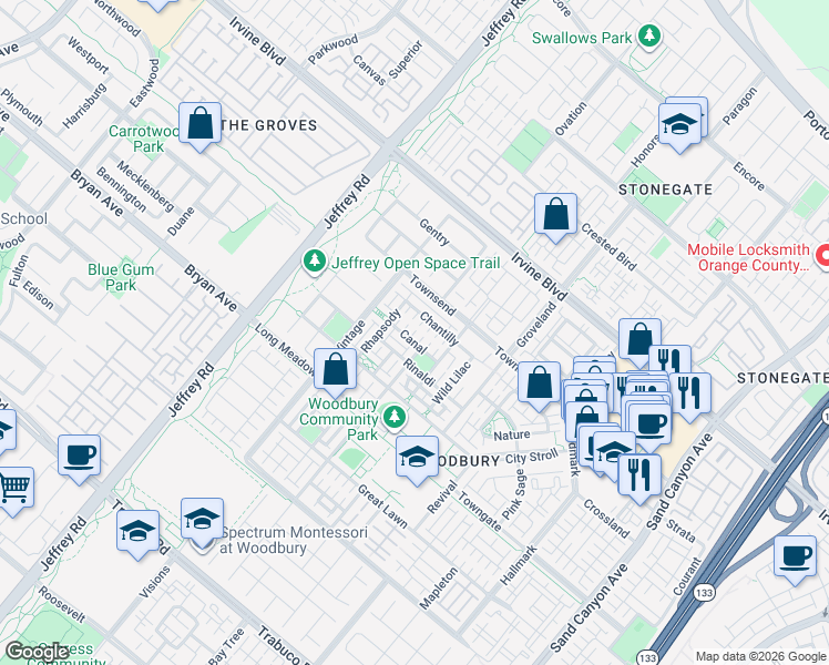 map of restaurants, bars, coffee shops, grocery stores, and more near 77 Canal in Irvine