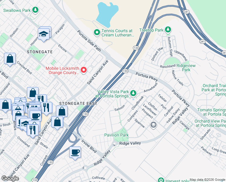 map of restaurants, bars, coffee shops, grocery stores, and more near 102 Capricorn in Irvine