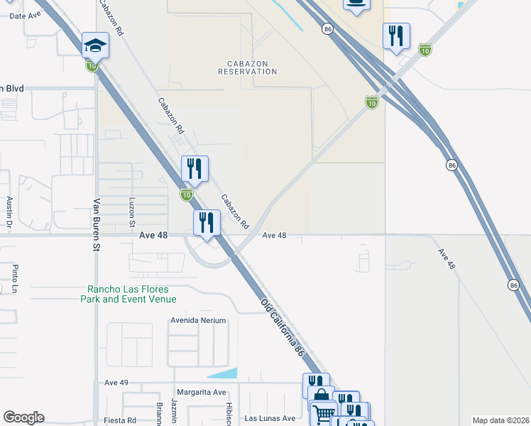 map of restaurants, bars, coffee shops, grocery stores, and more near Dillon Road in Chiriaco Summit