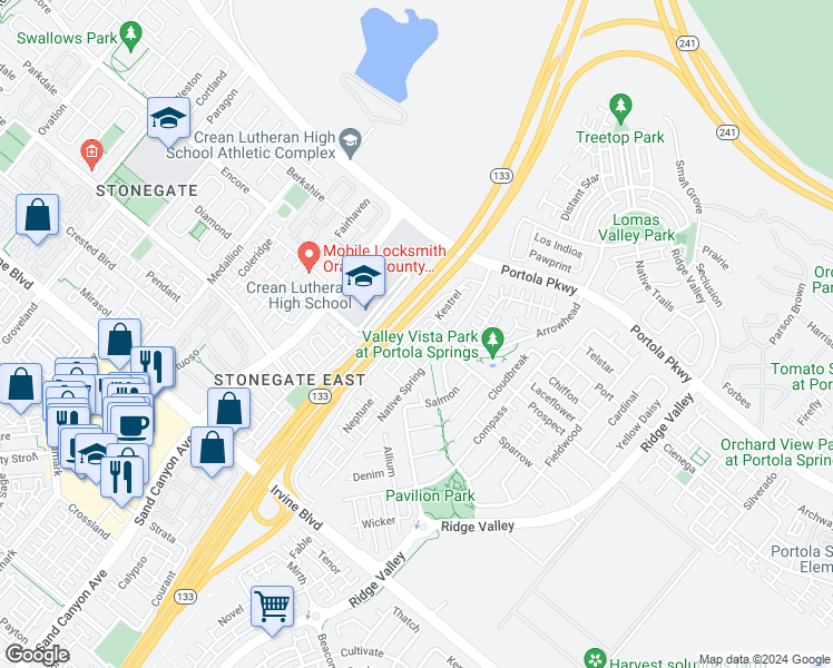 map of restaurants, bars, coffee shops, grocery stores, and more near 86-104 Capricorn in Irvine