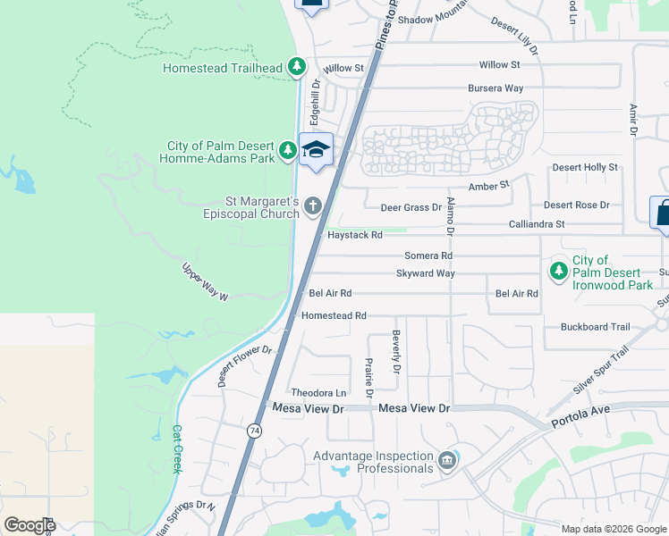 map of restaurants, bars, coffee shops, grocery stores, and more near 72694 Skyward Way in Palm Desert