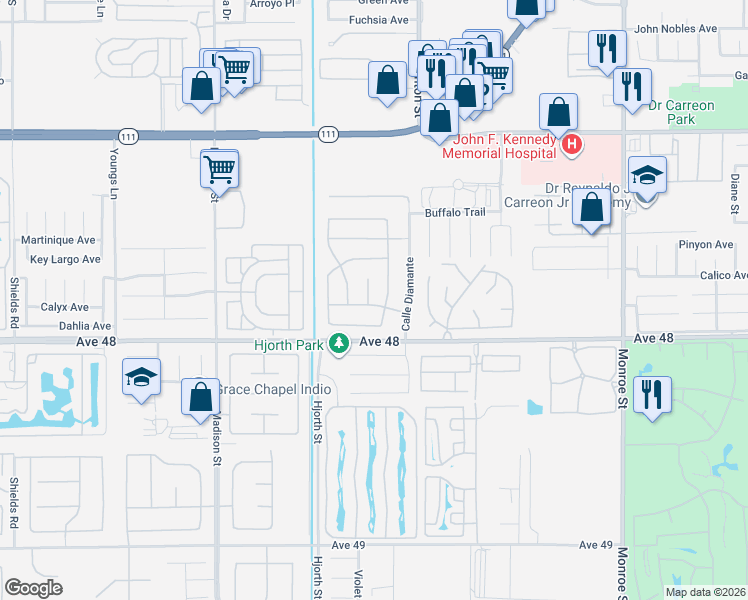 map of restaurants, bars, coffee shops, grocery stores, and more near 47804 Avocado Court in Indio