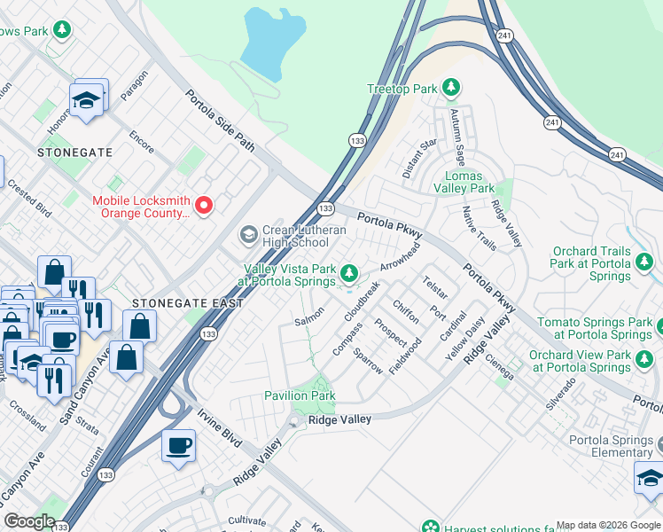 map of restaurants, bars, coffee shops, grocery stores, and more near 107 Bright Poppy in Irvine