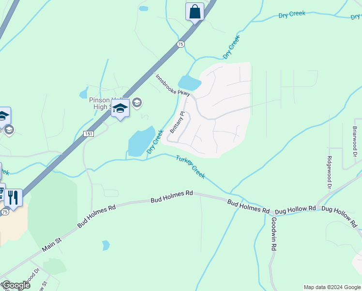 map of restaurants, bars, coffee shops, grocery stores, and more near 6752 Brittany Place in Pinson