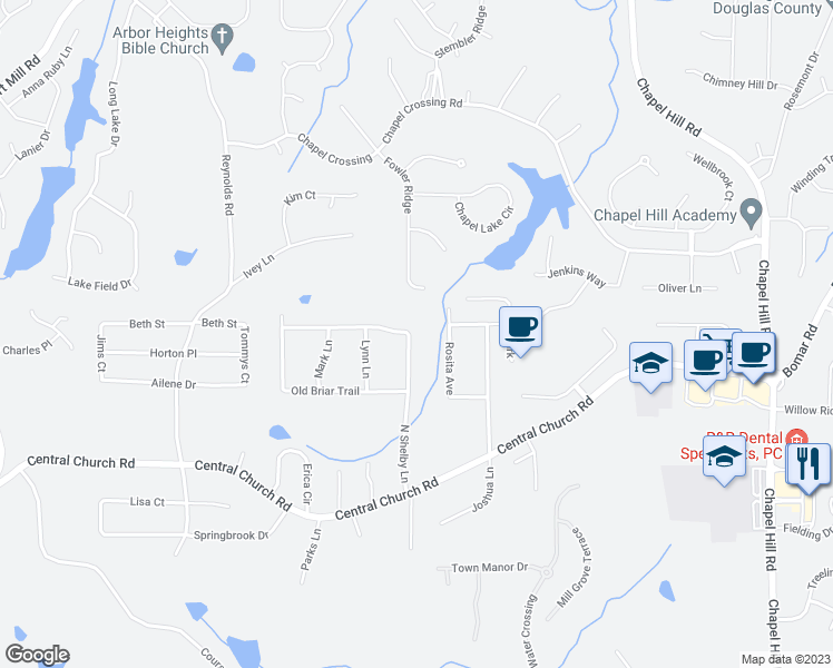 map of restaurants, bars, coffee shops, grocery stores, and more near 3810 North Shelby Lane in Douglasville