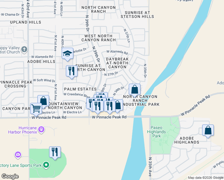 map of restaurants, bars, coffee shops, grocery stores, and more near 3729 West Cielo Grande in Glendale