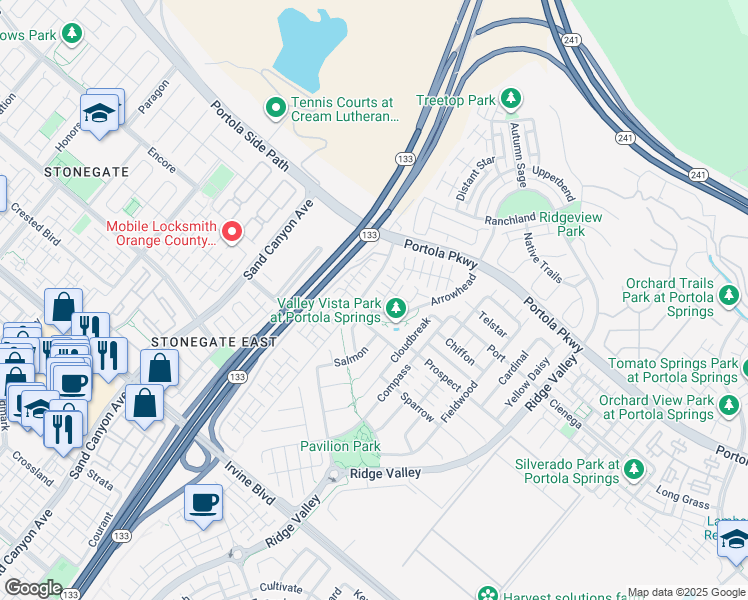 map of restaurants, bars, coffee shops, grocery stores, and more near 109 Bright Poppy in Irvine