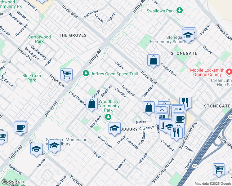 map of restaurants, bars, coffee shops, grocery stores, and more near 79 Canal in Irvine