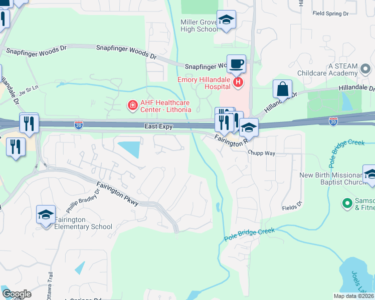 map of restaurants, bars, coffee shops, grocery stores, and more near 109 Willowick Drive in Stonecrest