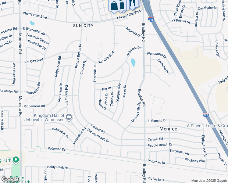 map of restaurants, bars, coffee shops, grocery stores, and more near 28870 Crosby Drive in Menifee