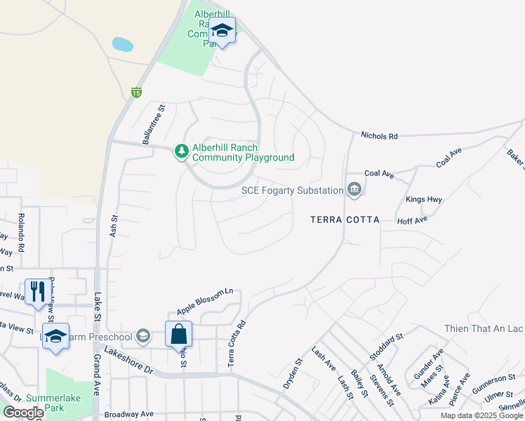 map of restaurants, bars, coffee shops, grocery stores, and more near 4179 Larchwood Lane in Lake Elsinore
