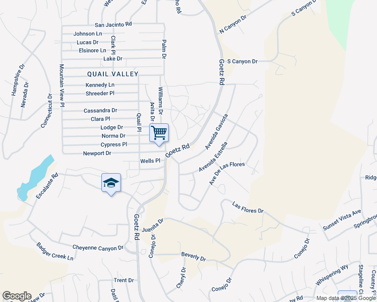 map of restaurants, bars, coffee shops, grocery stores, and more near 28930 Goetz Road in Canyon Lake