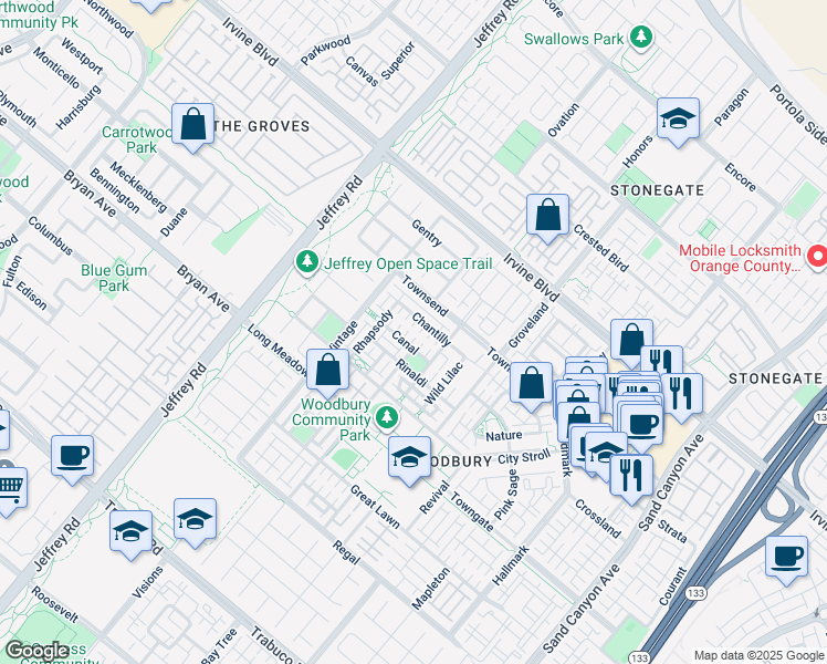 map of restaurants, bars, coffee shops, grocery stores, and more near 62 Chantilly in Irvine