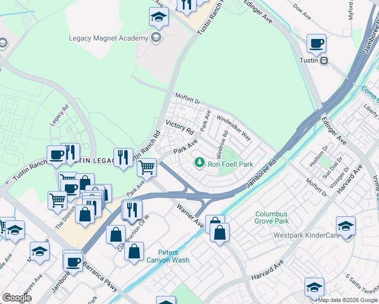 map of restaurants, bars, coffee shops, grocery stores, and more near 6 Stafford Place in Tustin