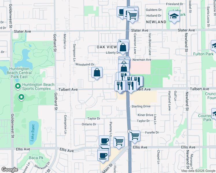 map of restaurants, bars, coffee shops, grocery stores, and more near 7811 Talbert Avenue in Huntington Beach