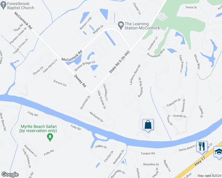 map of restaurants, bars, coffee shops, grocery stores, and more near 1133 Peace Pipe Place in Myrtle Beach