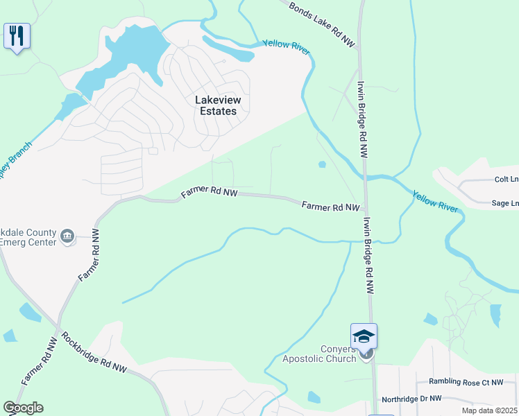map of restaurants, bars, coffee shops, grocery stores, and more near 2435 Farmer Road Northwest in Conyers