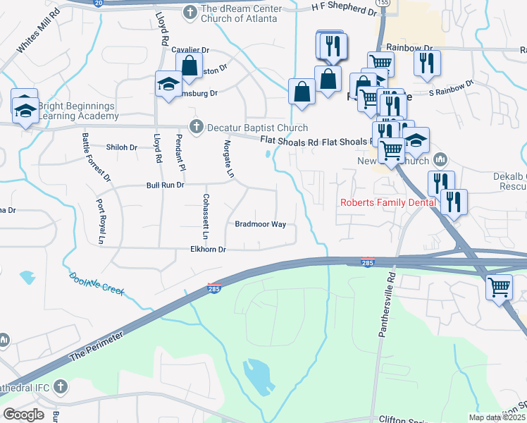 map of restaurants, bars, coffee shops, grocery stores, and more near 2900 Bradmoor Court in Decatur