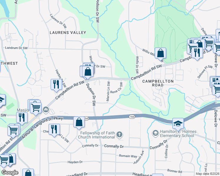 map of restaurants, bars, coffee shops, grocery stores, and more near 1944 Marvin Lane Southwest in Atlanta