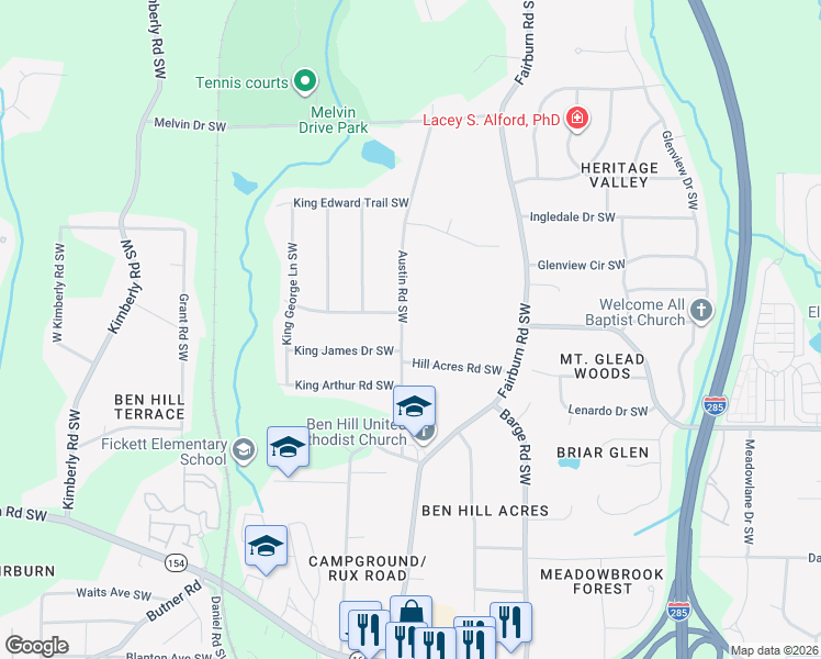 map of restaurants, bars, coffee shops, grocery stores, and more near 1944 Austin Road Southwest in Atlanta
