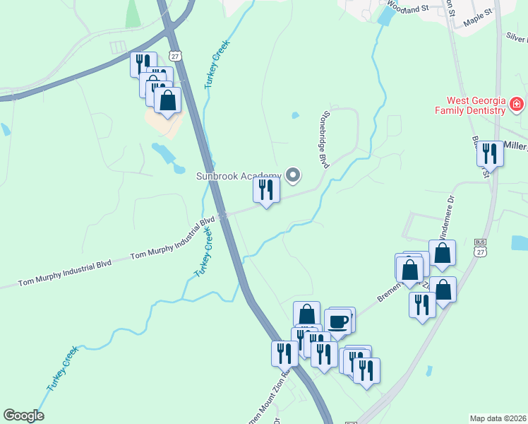 map of restaurants, bars, coffee shops, grocery stores, and more near 108 Stonebridge Boulevard in Bremen