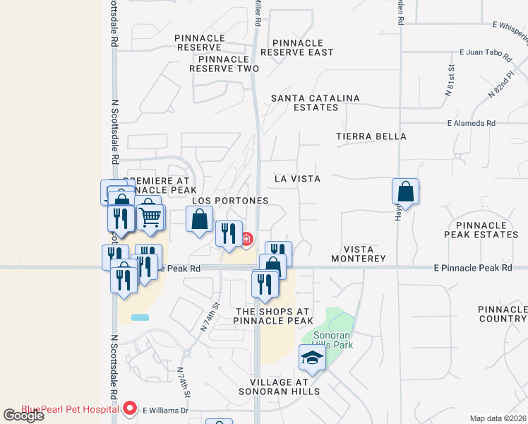 map of restaurants, bars, coffee shops, grocery stores, and more near 7613 East Camino Del Monte in Scottsdale
