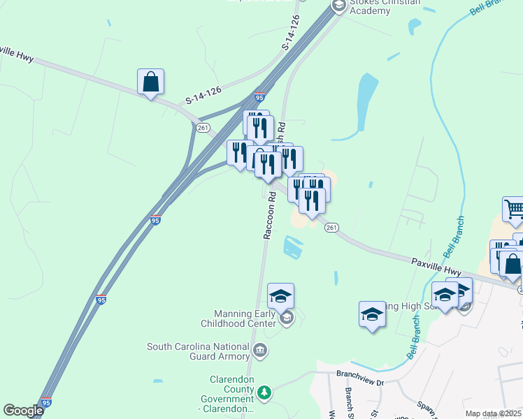 map of restaurants, bars, coffee shops, grocery stores, and more near 2284 Raccoon Road in Manning