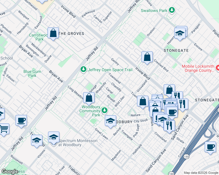 map of restaurants, bars, coffee shops, grocery stores, and more near 73 Canal in Irvine