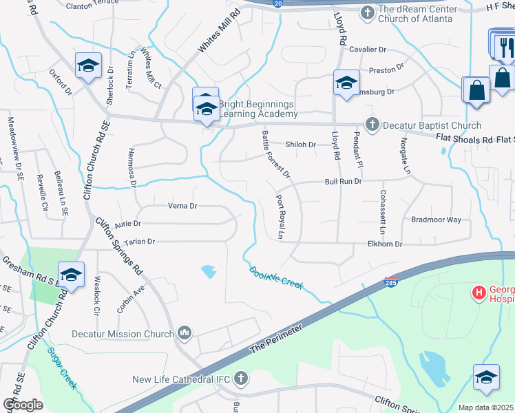 map of restaurants, bars, coffee shops, grocery stores, and more near 2879 Port Royal Lane in Decatur