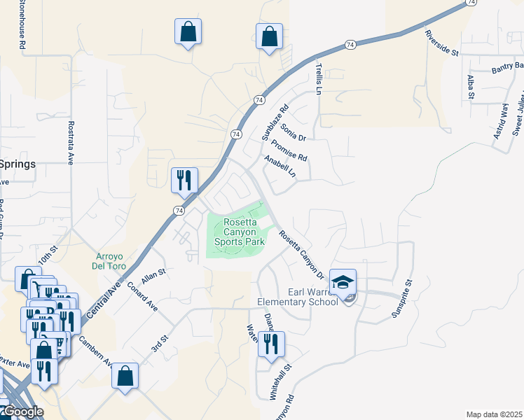 map of restaurants, bars, coffee shops, grocery stores, and more near 41725 Rosetta Canyon Drive in Lake Elsinore