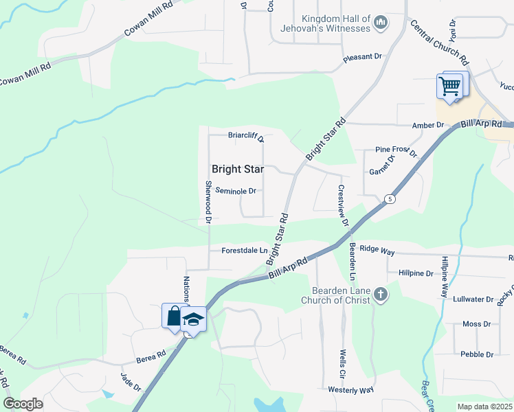 map of restaurants, bars, coffee shops, grocery stores, and more near 3840 Briarcliff Drive in Douglasville