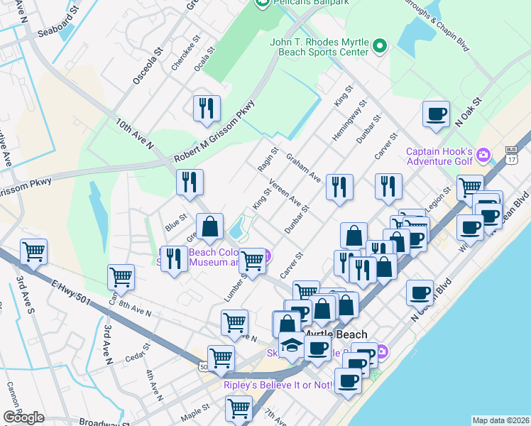 map of restaurants, bars, coffee shops, grocery stores, and more near 1102 Spivey Avenue in Myrtle Beach