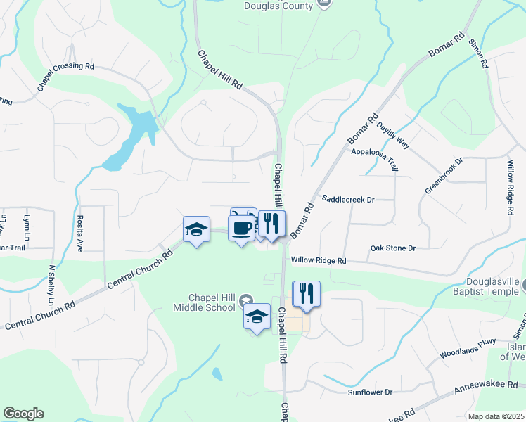 map of restaurants, bars, coffee shops, grocery stores, and more near 4348 Turnberry Court in Douglasville