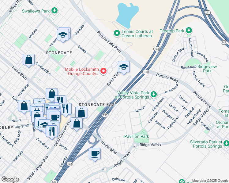 map of restaurants, bars, coffee shops, grocery stores, and more near 24 Coralwood in Irvine