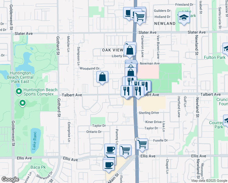 map of restaurants, bars, coffee shops, grocery stores, and more near 7811 Talbert Avenue in Huntington Beach